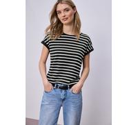 T-Shirt STREET ONE, Damen, Gr. 34, schwarz, Web, 50% Modal, 50% Baumwolle, gestreift, normal normal, Rundhals, abgesteppt, Shirts T-Shirt, Jersey (86366969-34) schwarz