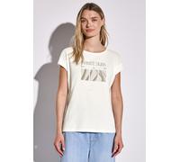 T-Shirt STREET ONE, Damen, Gr. 34, weiß (sanftes weiß), Web, 100% Baumwolle, bedruckt, gerade normal, Rundhals, Bündchen, Shirts T-Shirt, aus reiner Baumwolle (70936353-34) sanftes weiß