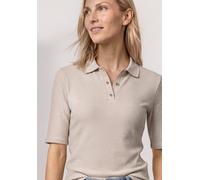 T-Shirt STREET ONE, Damen, Gr. 36, beige (clay sand meliert), Web, 48% Baumwolle, 47% Polyester, 5% Elasthan, unifarben, comfort fit normal, hoch geschlossener Ausschnitt, normaler Saum, Shirts T-Shir