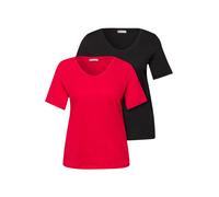 T-Shirt STREET ONE, Damen, Gr. 36, rot (schwarz, salsa rot), Web, 50% Baumwolle, 50% Modal, unifarben, normal normal, V-Ausschnitt, abgesteppt, Shirts T-Shirt, mit abgerundetem V-Ausschnitt (33695150-