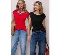T-Shirt STREET ONE, Damen, Gr. 36, schwarz, salsa rot, Web, 50% Baumwolle, 50% Modal, unifarben, normal normal, U-Boot-Ausschnitt, abgesteppt, Shirts T-Shirt, mit U-Boot-Ausschnitt (86144226-36) schwa