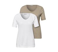 T-Shirt STREET ONE, Damen, Gr. 38, beige (weiß, timeless beige), Web, 50% Baumwolle, 50% Modal, unifarben, normal normal, V-Ausschnitt, abgesteppt, Shirts T-Shirt, mit abgerundetem V-Ausschnitt (97249