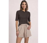 T-Shirt STREET ONE, Damen, Gr. 38, braun (schwarz coffee), Web, 48% Baumwolle, 47% Polyester, 5% Elasthan, unifarben, comfort fit normal, hoch geschlossener Ausschnitt, normaler Saum, Shirts T-Shirt, 