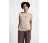 T-Shirt STREET ONE, Damen, Gr. 40, beige (coastal beige), Web, 100% Baumwolle, meliert, normal normal, Rundhals, abgesteppt, Shirts T-Shirt, mit Wording (38825155-40) coastal beige