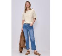 T-Shirt STREET ONE, Damen, Gr. 40, safari beige, Web, 77% Baumwolle, 20% Polyester, 3% Elasthan, gestreift, normal normal, Rundhals, abgesteppt, Shirts T-Shirt, mit Brusttasche (94871561-40) safari be