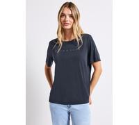 T-Shirt STREET ONE, Damen, Gr. 42, deepwater blau, Jersey, Obermaterial: 70% Modal, 30% Polyester, bedruckt, unifarben, casual, lässig geschnitten hüftbedeckend, Rundhals, Kurzarm, Shirts, mit Wording
