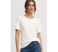 T-Shirt STREET ONE, Damen, Gr. 42, sanftes weiß, Web, 50% Baumwolle, 50% Modal, bedruckt, comfort fit normal, Rundhals, normaler Saum, Shirts T-Shirt, mit Wording (29443444-42) sanftes weiß