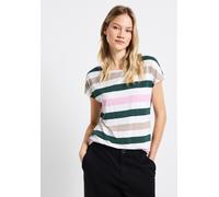 T-Shirt STREET ONE, Damen, Gr. 42, weiß (sanftes weiß), Stoff, 95% Viskose, 5% Elasthan, gestreift, comfort fit normal, Rundhals, Bündchen, Shirts T-Shirt, mit Rundhalsausschnitt (62920904-42) sanftes