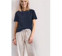 T-Shirt STREET ONE, Damen, Gr. 46, blau (schwarzest blau), Web, 48% Baumwolle, 48% Modal, 4% Elasthan, unifarben, normal normal, Rundhals, abgesteppt, Shirts T-Shirt, mit Nietendeko (31397653-46) schw
