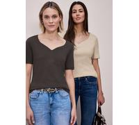 Street One Frauen T-Shirts mit Herzausschnitt im 2er-Pack in Beige|Braun, Gr: 46