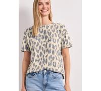 Kurzarmshirt STREET ONE, Damen, Gr. 46, timeless beige, Jersey, Obermaterial: 65% Polyester, 35% Viskose, normal hüftbedeckend, Rundhals, abgesteppte Kante, Shirts, Sommershirt im Ausbrenner-Look mit 