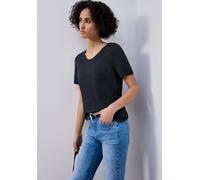 T-Shirt STREET ONE "Style Gerda", Damen, Gr. 44, shadowed navy, Jersey, Obermaterial: 50% Baumwolle, 50% Modal, unifarben, regular fit normal, V-Ausschnitt, Shirts T-Shirt, mit femininem V-Ausschnitt