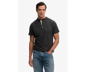 T-Shirt SUPERDRY "CLASSIC COTTON LIN SS GRANDAD", Herren, Gr. L, schwarz (schwarz charcoal), Single Jersey, Obermaterial: 80% Baumwolle, 20% Leinen, unifarben, regular fit normal, Rundhals, Shirts T-S