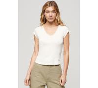T-Shirt SUPERDRY "ESSENTIAL LACE TRIM V TEE", Damen, Gr. M (L), weiß (sanftes weiß), Single Jersey, Obermaterial: 100% Baumwolle, unifarben, relaxed fit, Rundhals, Shirts T-Shirt (24422313-M)