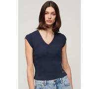 T-Shirt SUPERDRY "ESSENTIAL LACE TRIM V TEE", Damen, Gr. XL (XXL), blau (richest navy), Single Jersey, Obermaterial: 100% Baumwolle, unifarben, relaxed fit, Rundhals, Shirts T-Shirt (39635546-XL)
