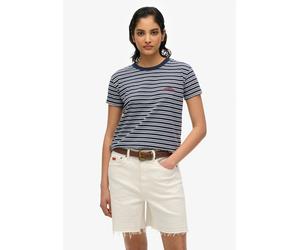 T-Shirt SUPERDRY "ESSENTIAL LOGO STR FITTED TEE", Damen, Gr. XXL, blau (richest navy stripe), Single Jersey, Obermaterial: 100% Baumwolle, gestreift, slim fit normal, Rundhals, Shirts T-Shirt, angeneh