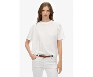 T-Shirt SUPERDRY "STUDIOS CREW TEE", Damen, Gr. S, weiß (optic), Single Jersey, Obermaterial: 60% Baumwolle, 40% Lyocell, unifarben, relaxed fit normal, Rundhals, Shirts T-Shirt, mit Markenlabel, aus