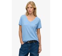 T-Shirt SUPERDRY "STUDIOS SLUB EMB VEE TEE", Damen, Gr. L, blaubell, Single Jersey, Obermaterial: 60% Baumwolle, 40% Lyocell, unifarben, regular fit normal, V-Ausschnitt, Shirts T-Shirt, Baumwollmisch