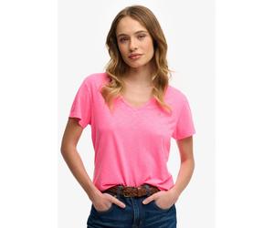 T-Shirt SUPERDRY "STUDIOS SLUB EMB VEE TEE", Damen, Gr. L, fluro pink, Single Jersey, Obermaterial: 60% Baumwolle, 40% Lyocell, unifarben, regular fit normal, V-Ausschnitt, Shirts T-Shirt, Baumwollmis