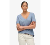 T-Shirt SUPERDRY "STUDIOS SLUB EMB VEE TEE", Damen, Gr. M, blau (tidal blau), Single Jersey, Obermaterial: 60% Baumwolle, 40% Lyocell, unifarben, regular fit normal, V-Ausschnitt, Shirts T-Shirt, Baum