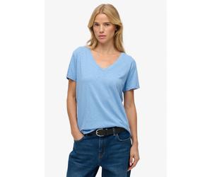 T-Shirt SUPERDRY "STUDIOS SLUB EMB VEE TEE", Damen, Gr. M, blaubell, Single Jersey, Obermaterial: 60% Baumwolle, 40% Lyocell, unifarben, regular fit normal, V-Ausschnitt, Shirts T-Shirt, Baumwollmisch