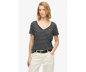 T-Shirt SUPERDRY "STUDIOS SLUB EMB VEE TEE", Damen, Gr. M, navy, optic stripe, Single Jersey, Obermaterial: 60% Baumwolle, 40% Lyocell, gestreift, regular fit normal, V-Ausschnitt, Shirts T-Shirt, Bau