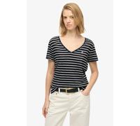 T-Shirt SUPERDRY "STUDIOS SLUB EMB VEE TEE", Damen, Gr. M, schwarz-weiß (navy, optic stripe), Single Jersey, Obermaterial: 60% Baumwolle, 40% Lyocell, gestreift, regular fit normal, V-Ausschnitt, Shir