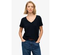 T-Shirt SUPERDRY "STUDIOS SLUB EMB VEE TEE", Damen, Gr. S, blau (eclipse navy), Single Jersey, Obermaterial: 60% Baumwolle, 40% Lyocell, unifarben, regular fit normal, V-Ausschnitt, Shirts T-Shirt, Ba