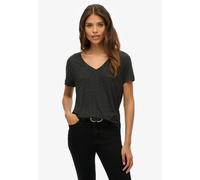 T-Shirt SUPERDRY "STUDIOS SLUB EMB VEE TEE", Damen, Gr. S, schwarz (schwarz metallic), Single Jersey, Obermaterial: 95% Viskose, 4% Polyacryl, 1% metallisierte Fasern, unifarben, regular fit normal, V