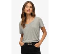 T-Shirt SUPERDRY "STUDIOS SLUB EMB VEE TEE", Damen, Gr. S, silber metallic, Single Jersey, Obermaterial: 95% Viskose, 4% Polyacryl, 1% metallisierte Fasern, unifarben, regular fit normal, V-Ausschnitt