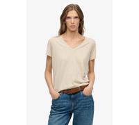 T-Shirt SUPERDRY "STUDIOS SLUB EMB VEE TEE", Damen, Gr. XL, feather grau, Single Jersey, Obermaterial: 60% Baumwolle, 40% Lyocell, unifarben, regular fit normal, V-Ausschnitt, Shirts T-Shirt, Baumwoll