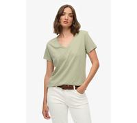 T-Shirt SUPERDRY "STUDIOS SLUB EMB VEE TEE", Damen, Gr. XL, grün (dusty sage), Single Jersey, Obermaterial: 60% Baumwolle, 40% Lyocell, unifarben, regular fit normal, V-Ausschnitt, Shirts T-Shirt (596