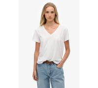 T-Shirt SUPERDRY "STUDIOS SLUB EMB VEE TEE", Damen, Gr. XS, weiß (optic), Single Jersey, Obermaterial: 100% Seide, unifarben, regular fit normal, V-Ausschnitt, Shirts T-Shirt, Baumwollmischung, relaxe