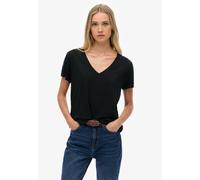 T-Shirt SUPERDRY "STUDIOS SLUB EMB VEE TEE", Damen, Gr. XXL, schwarz, Single Jersey, Obermaterial: 60% Baumwolle, 40% Lyocell, unifarben, regular fit normal, V-Ausschnitt, Shirts T-Shirt, Baumwollmisc