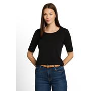 T-Shirt TOM TAILOR, Damen, Gr. L, schwarz (deep schwarz), Single Jersey, Obermaterial: 95% Baumwolle, 5% Elasthan, unifarben, regular fit normal, Rundhals, Shirts T-Shirt, Sommershirt mit tiefem Rundh