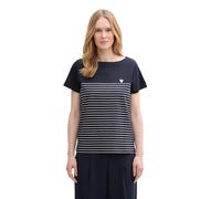 T-Shirt TOM TAILOR, Damen, Gr. XXL (44), blau (sky captain blau), Jersey, Obermaterial: 100% Baumwolle, bedruckt, gestreift, regular fit taillenbedeckt, U-Boot-Ausschnitt, gerader Abschluss, Shirts T-