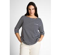 T-Shirt TOM TAILOR PLUS, Damen, Gr. 44, navy blau sanftes weiß stripe, Single Jersey, Obermaterial: 97% Baumwolle, 3% Elasthan, bedruckt, gestreift, regular fit normal, U-Boot-Ausschnitt, gerader Absc