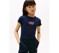 T-Shirt TOMMY HILFIGER "BUTTERFLY GRAPHIC TEE SS", Mädchen, Gr. 8 (128), blau (schwarz night navy), Single Jersey, Obermaterial: 93% Baumwolle, 7% Elasthan, unifarben, regular fit hüftbedeckend, Rundh
