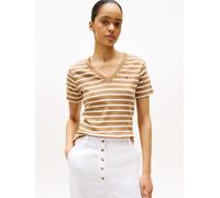 T-Shirt TOMMY HILFIGER "CODY V-NECK SHORT SLEEVE", Damen, Gr. M (38), beige (hickory, ecru stp), Jersey, Obermaterial: 100% Baumwolle, gestreift, slim fit hüftlang, tiefer V-Ausschnitt, abgesteppte Ka