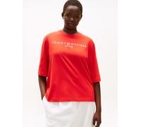 T-Shirt TOMMY HILFIGER CURVE "CRV CORP LOGO TRAPEZE C-NK TEE", Damen, Gr. 52, fireworks, Single Jersey, Obermaterial: 100% Baumwolle, bedruckt, regular fit normal, Rundhals, gerader Abschluss, Shirts