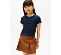 T-Shirt TOMMY HILFIGER "ESSENTIAL RIB TOP mit Babylock-Kanten und Stickerei", Mädchen, Gr. 4 (104), blau (schwarz night navy), Rippware, Obermaterial: 95% Baumwolle, 5% Elasthan, normal hüftlang, Rund