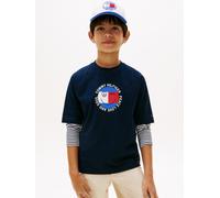 T-Shirt TOMMY HILFIGER "FUN FLAG GRAPHIC", Mädchen, Gr. 8 (128), schwarz night navy, Single Jersey, Obermaterial: 100% Baumwolle, bedruckt, unifarben, regular fit normal, Rundhals, Raglanärmel, Shirts