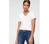 T-Shirt TOMMY HILFIGER "HERITAGE V-NK TEE", Damen, Gr. S (36), weiß (classic weiß), Single Jersey, Obermaterial: 100% Baumwolle, unifarben, figurbetont hüftlang, V-Ausschnitt, abgesteppt, Shirts T-Shi