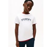 T-Shirt TOMMY HILFIGER, Jungen, Gr. 10 (140), weiß, Single Jersey, Obermaterial: 100% Baumwolle, unifarben, regular fit normal, Rundhals, eingesetzt abgesteppte Kante, Shirts T-Shirt, Regular fit, für