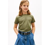 T-Shirt TOMMY HILFIGER "MINI CORP T-SHIRT", Mädchen, Gr. 4 (104), battle grün, Single Jersey, Obermaterial: 100% Baumwolle, unifarben, regular fit normal, Rundhals, abgesteppte Kante, Shirts T-Shirt,