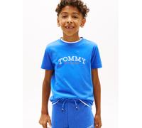 T-Shirt TOMMY HILFIGER "MONOGRAM GRAPHIC T-SHIRT", Mädchen, Gr. 16 (176), empire blau, Single Jersey, Obermaterial: 100% Baumwolle, unifarben, regular fit normal, Rundhals, eingesetzt abgesteppte Kant