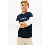 T-Shirt TOMMY HILFIGER "MONOGRAM GRAPHIC T-SHIRT", Mädchen, Gr. 7 (122), schwarz night navy, Single Jersey, Obermaterial: 100% Baumwolle, unifarben, regular fit normal, Rundhals, eingesetzt abgesteppt