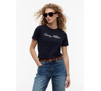 Tommy Hilfiger Damen T-Shirt NOS Script Regular – Label-Stitching, Kurzarm Rundhals Blau Größe XL