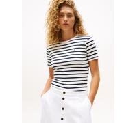 T-Shirt TOMMY HILFIGER "SLIM CODY C-NK SS", Damen, Gr. L (40), breton, ecu, schwarz night navy, Jersey, Obermaterial: 100% Baumwolle, gestreift, casual, slim fit hüftlang, Rundhals, Kurzarm abgesteppt
