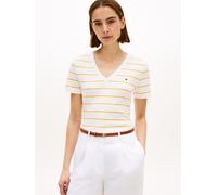 T-Shirt TOMMY HILFIGER "SLIM CODY V-NECK SHORT SLEEVE", Damen, Gr. M (40), fine stp ecru, orange flash, Jersey, Obermaterial: 100% Baumwolle, gestreift, schmal normal, tiefer V-Ausschnitt, abgesteppte